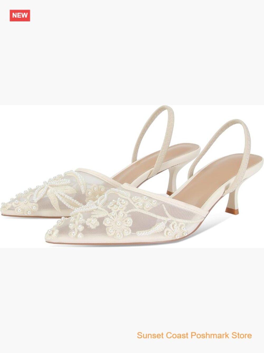 Embroidered Kitten Heel Slingback Sandals Pointed Toe Heeled Sandals with Pearl